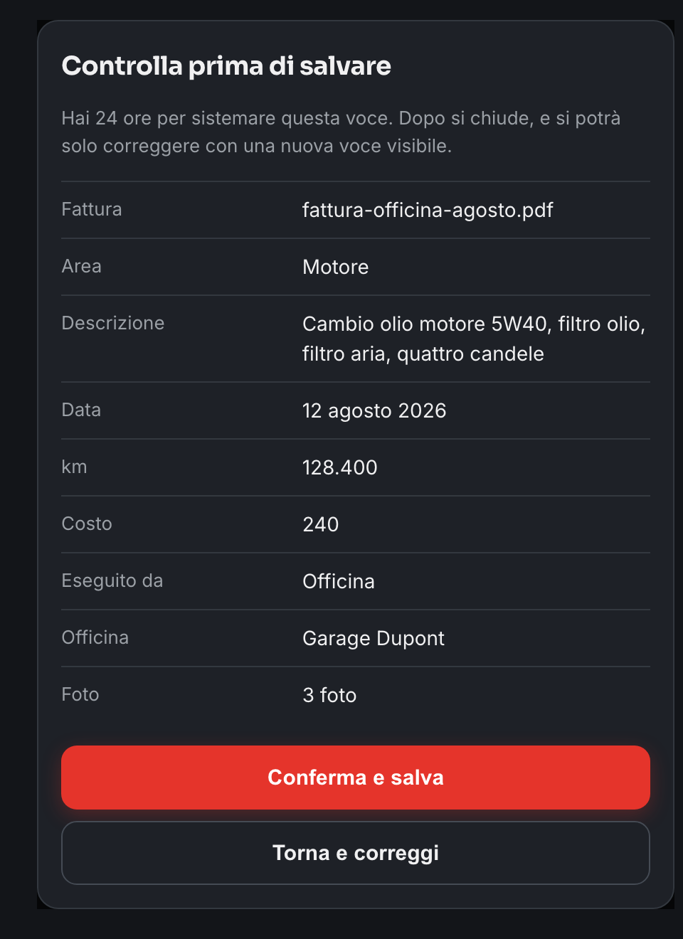 The confirmation panel listing every field before saving